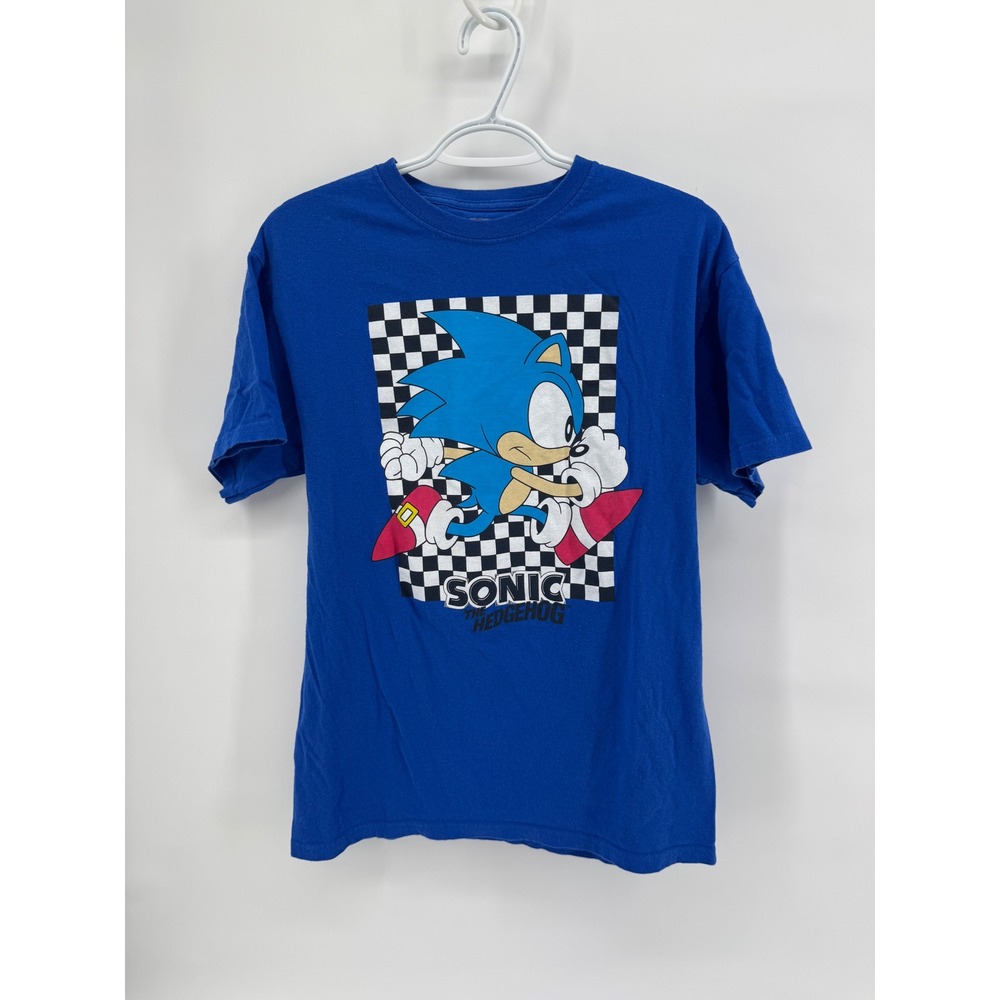 Sonic the Hedgehog Mens Blue Graphic T-Shirt Sega Checkered Print Size Medium